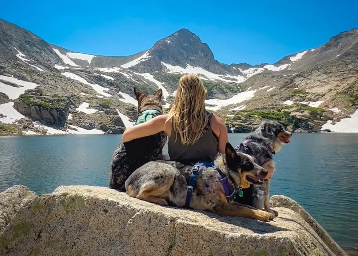 Yvonne and dogs looking out over an alpine lake