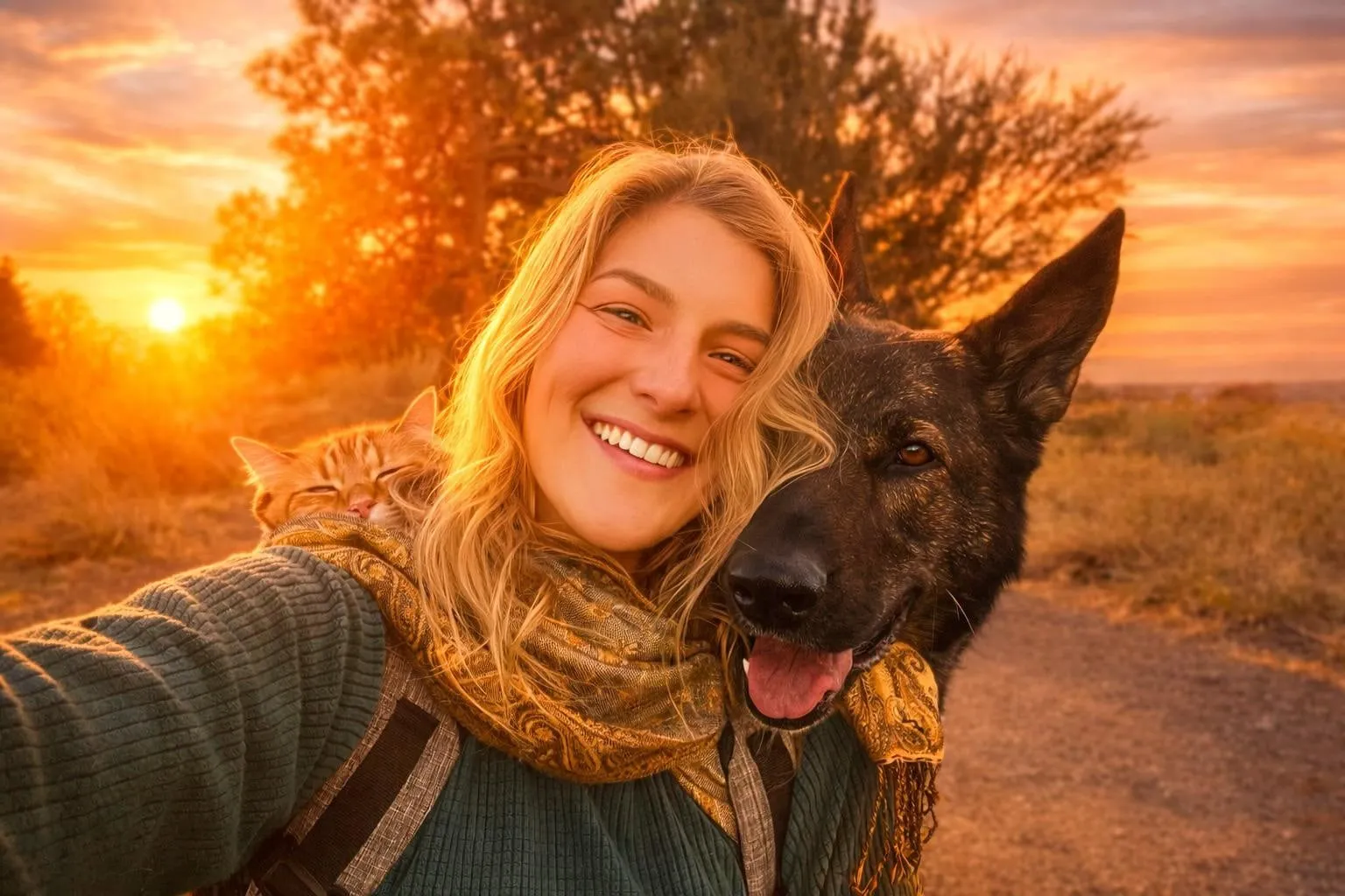Yvonne taking a sunset selfie with Kya on her shoulder and Zahra beside her